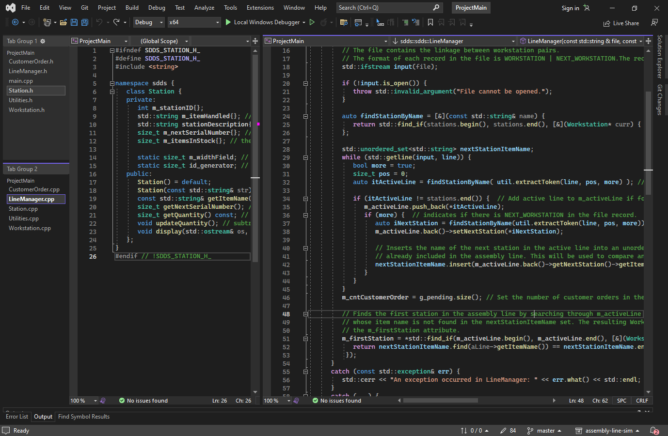 C++ code in view of the Assembly Line project with Visual Studio as the IDE