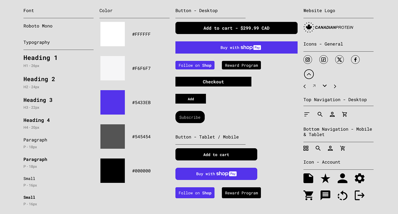 Design System showing font, color pallet, and Icons