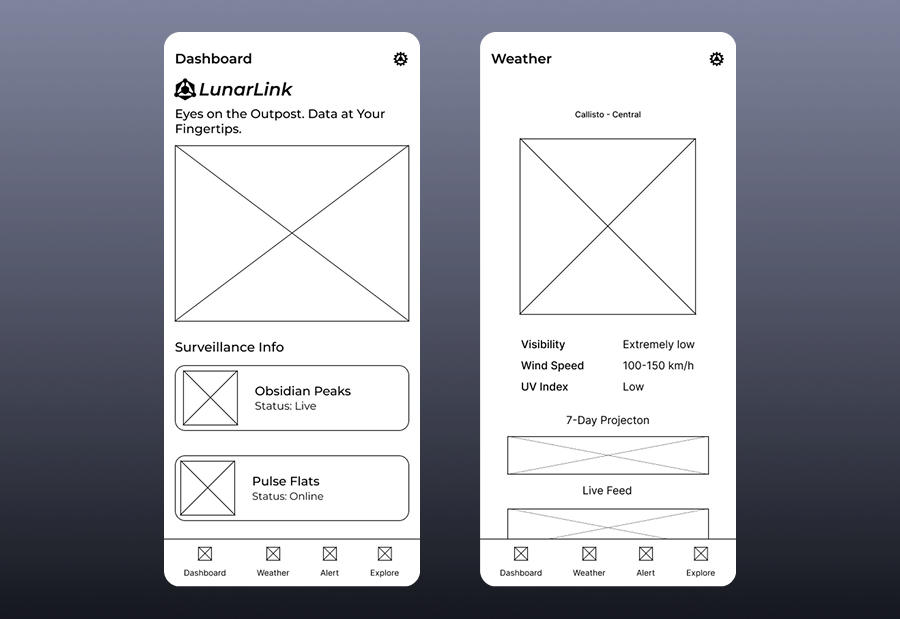 Gray Scale wireframe of the planned mobile application